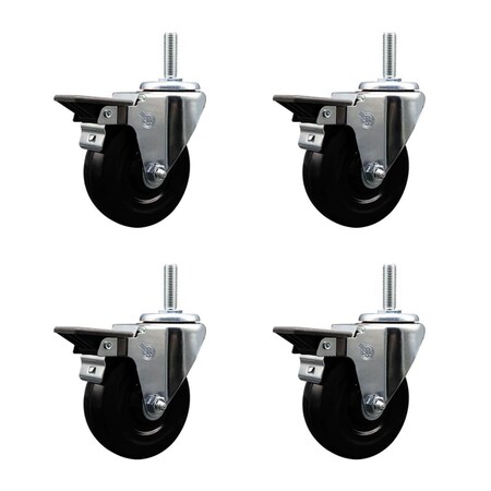 Service Caster 4 Inch Soft Rubber Wheel Swivel 58 Inch Threaded Stem Caster Set with Brake SCC SCC-TS20S414-SRS-PLB-58212-4